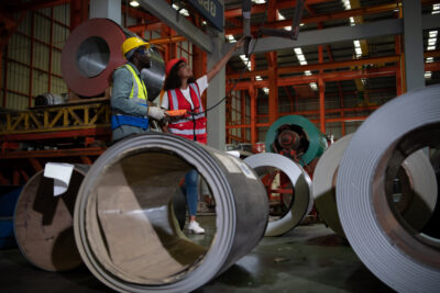 two technicians inspecting stainless steel sheet metal 