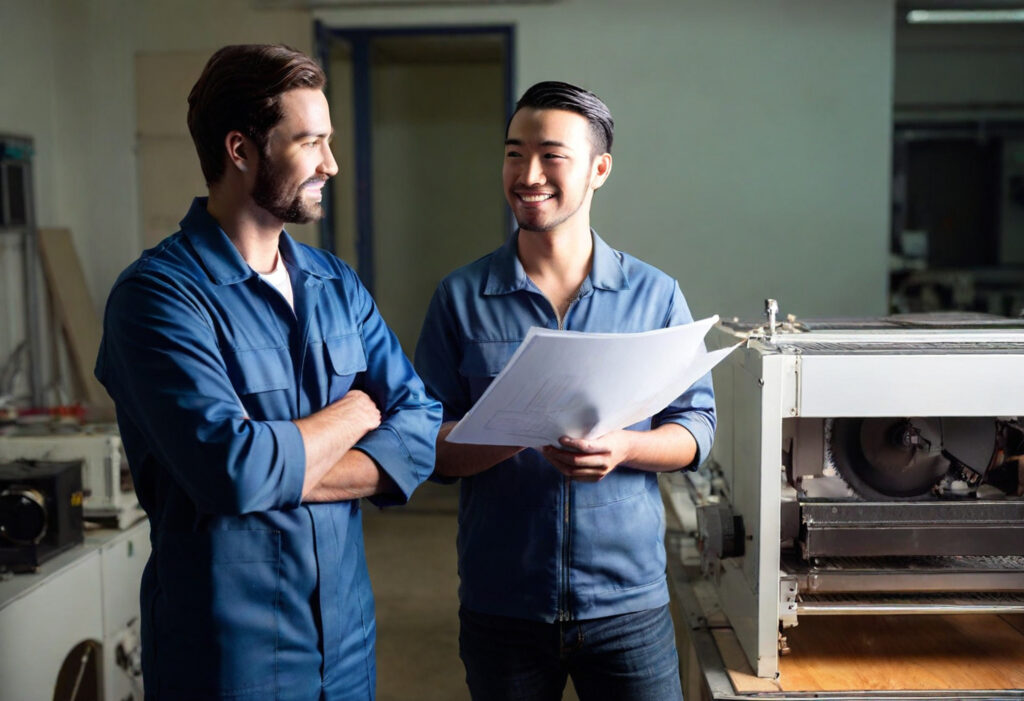 two engineers discussing the differences between a CO2 laser cutting machine and a fiber laser cutter